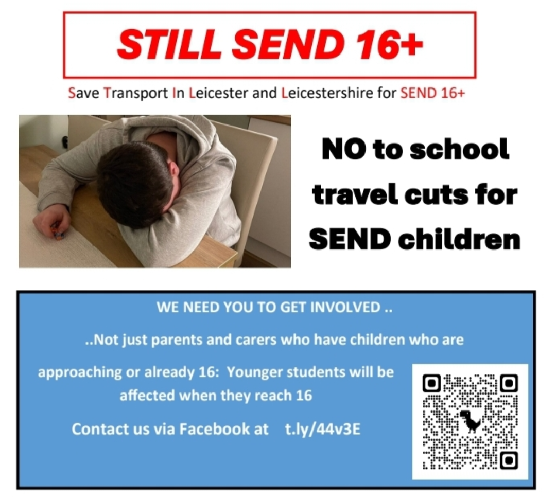 Poster calling for "No to school travel cuts for SEND children". 