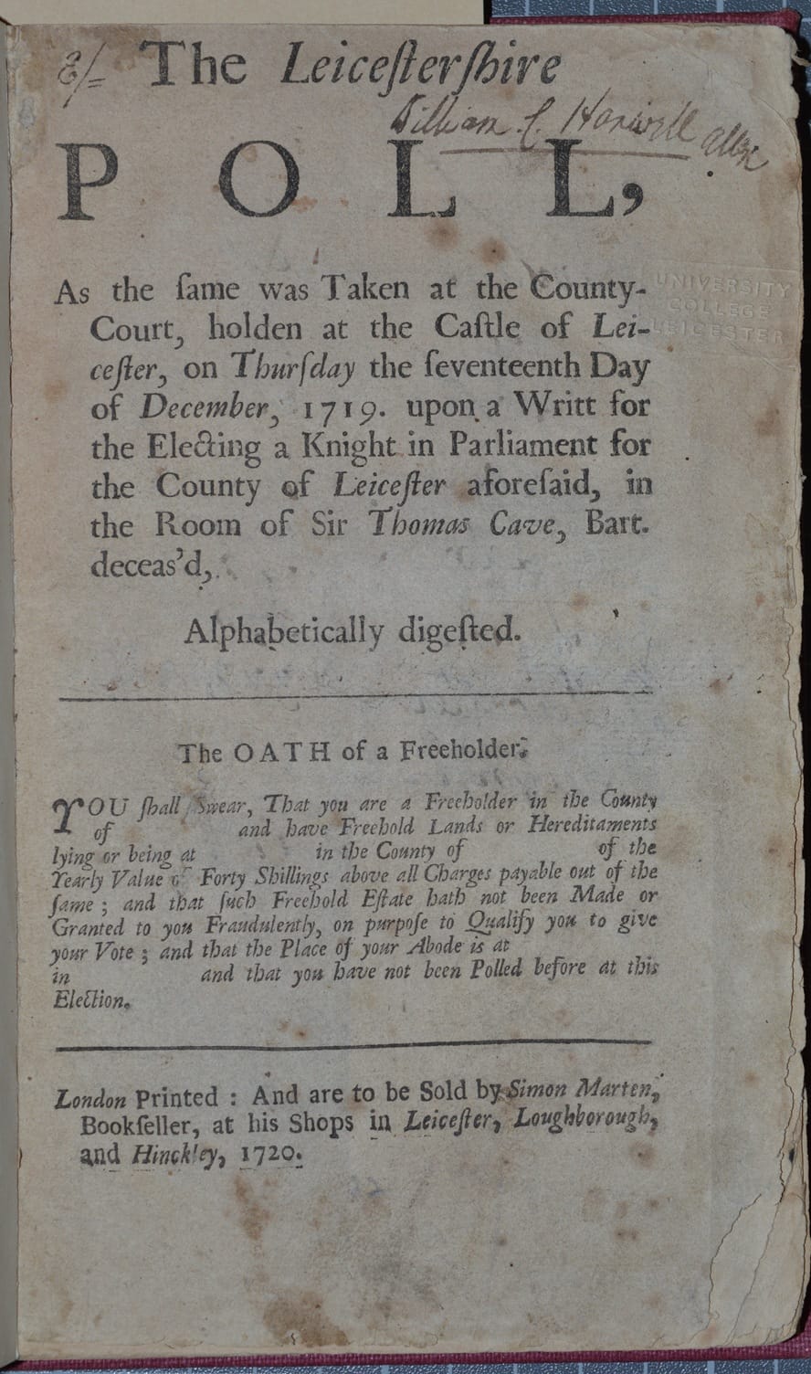 Title reads "Leicestershire poll book." It is mostly in old English.