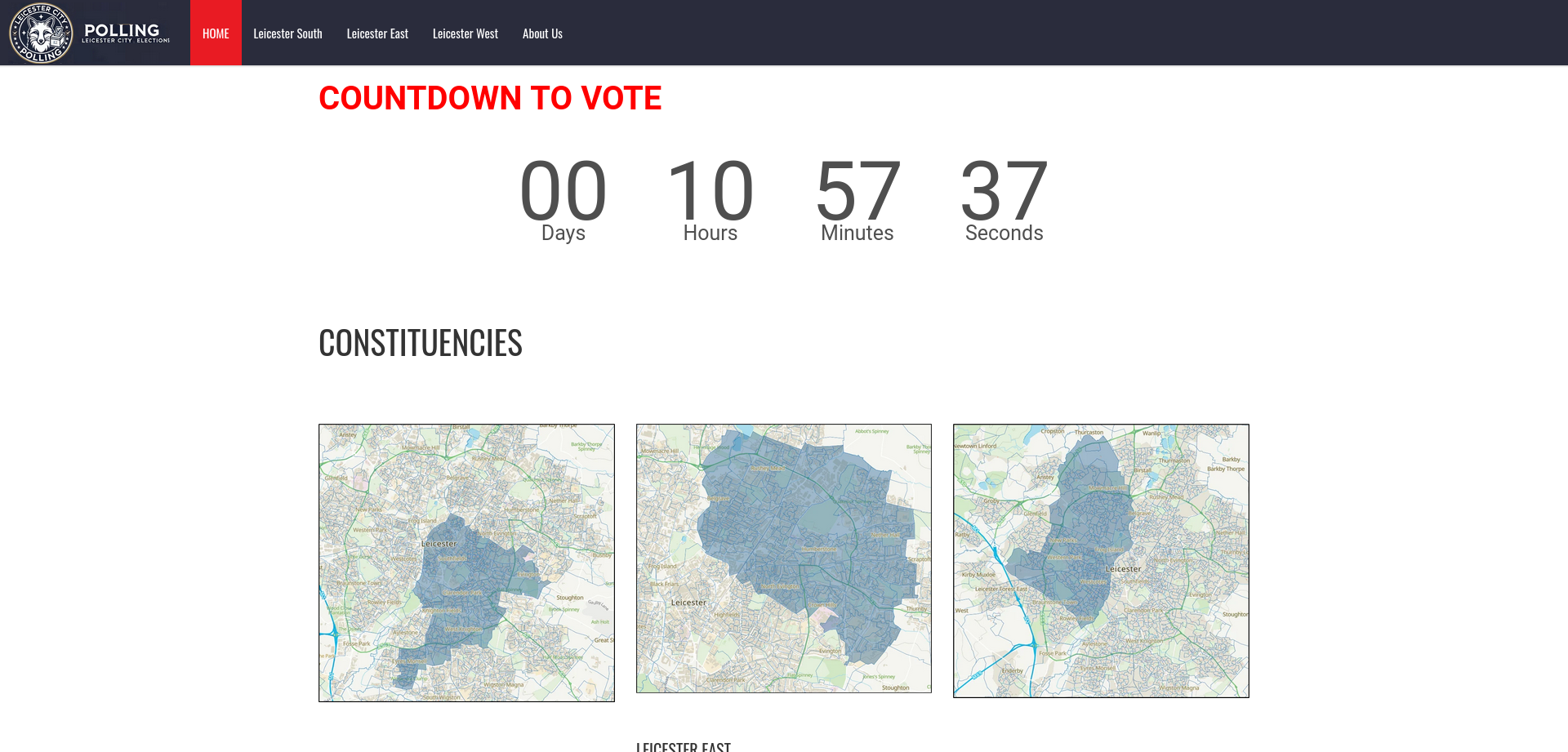 The website's home page with a countdown to vote and maps of the constituencies.
