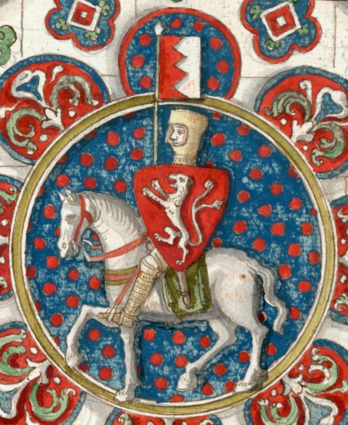 The drawing includes Simon de Montfort on a horse, carrying a red shield adorned with a lion in one hand and a sword in the other.